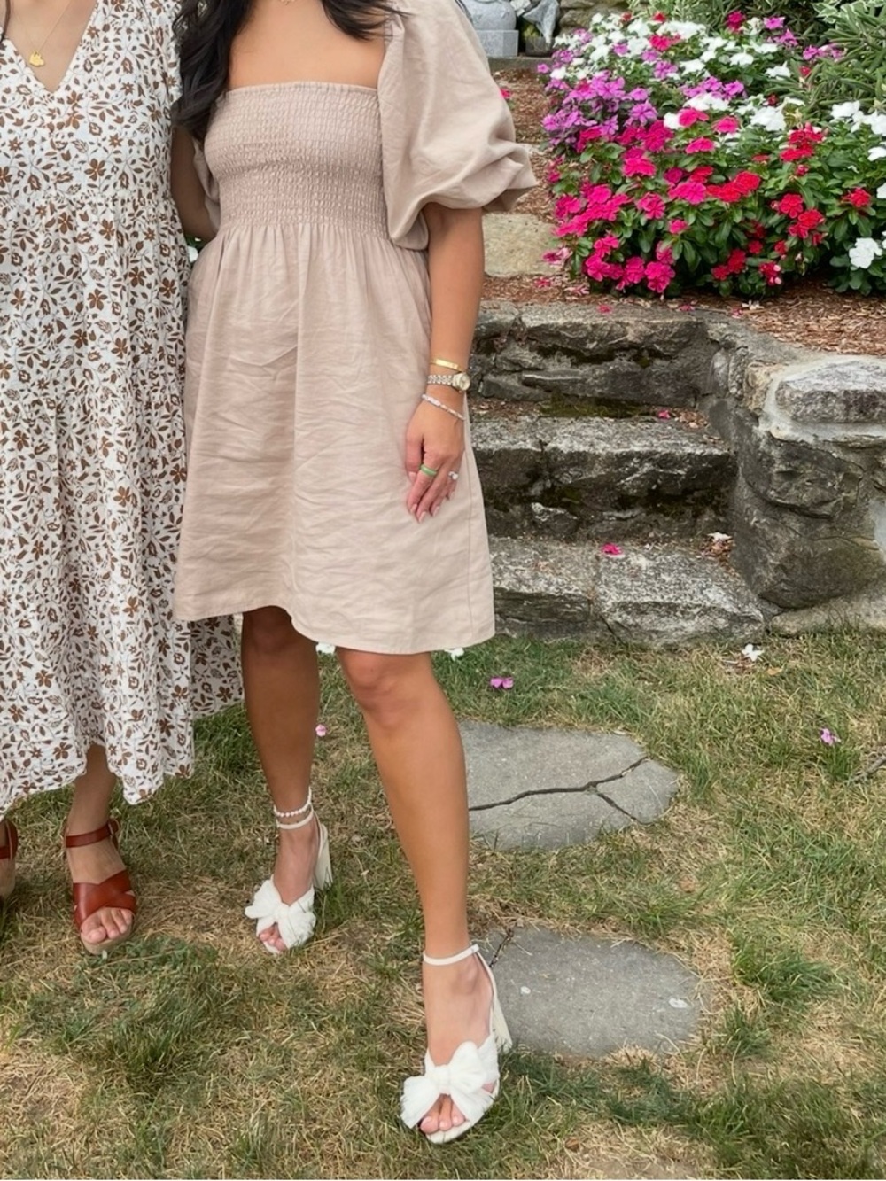 Smocked Square-Neck Mini Dress in Beige